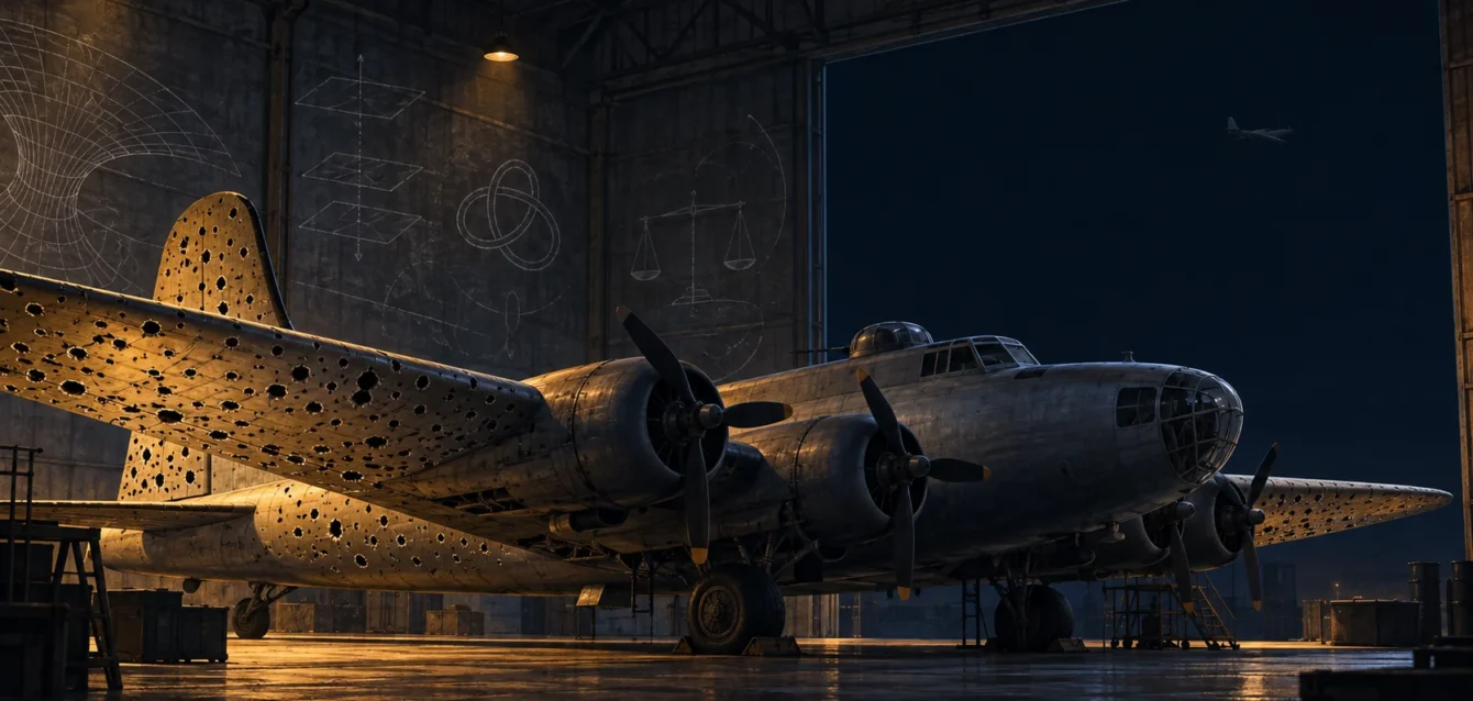 Bombardero con agujeros de bala en un hangar nocturno: ilustración del sesgo del superviviente en la ciencia