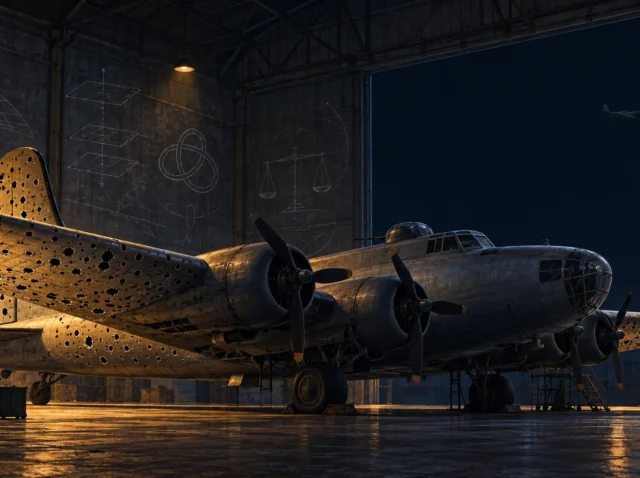El hangar de las fórmulas Bombardero con agujeros de bala en un hangar nocturno: ilustración del sesgo del superviviente en la ciencia